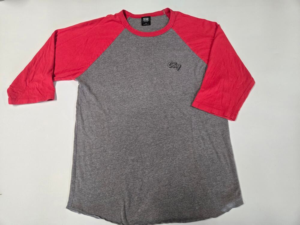Obey Oranje Script Raglan T Shirt Gray Red Mens Small